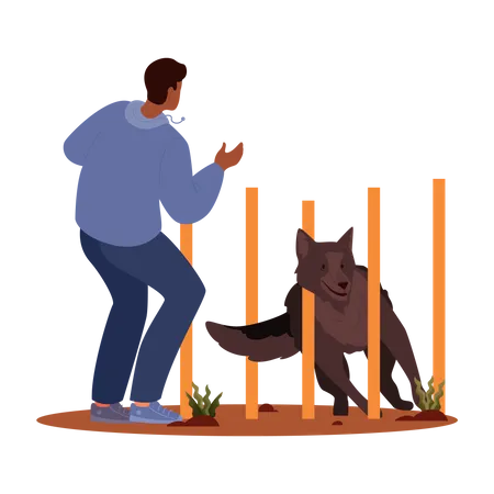 Homem treinando seu cachorro de estimação  Ilustração