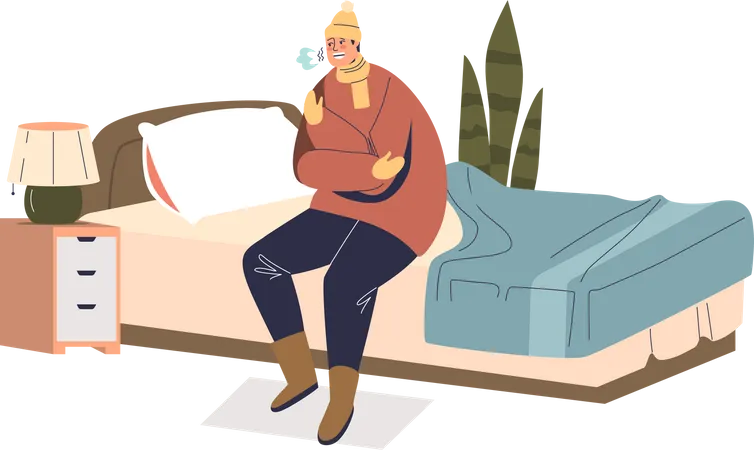 Homem tremendo de frio sentado na cama vestido com roupas quentes e chapéu no quarto dentro de casa  Ilustração