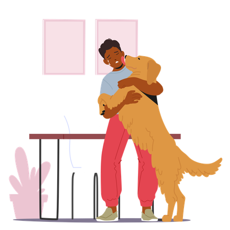 Homem triste abraçando um cachorro  Ilustração