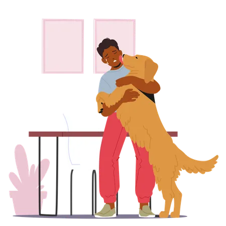 Homem triste abraçando um cachorro  Ilustração