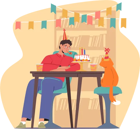 Homem triste comemora aniversário acompanhado apenas por seu gato leal  Ilustração