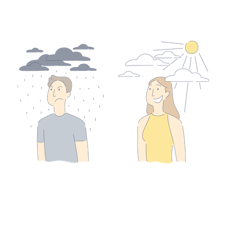 Homem triste sob nuvens chovendo  Ilustração