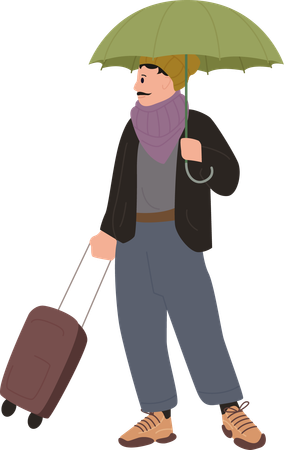 Turista masculino em pé com guarda-chuva e bagagem  Ilustração