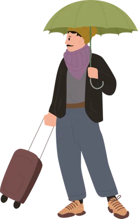 Turista masculino em pé com guarda-chuva e bagagem  Ilustração