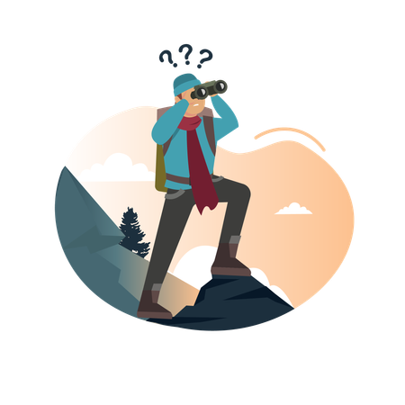 Turista masculino olhando binóculo de pensamento na montanha  Ilustração