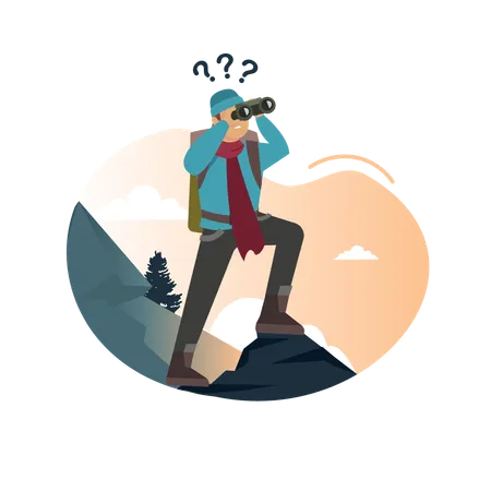 Turista masculino olhando binóculo de pensamento na montanha  Ilustração