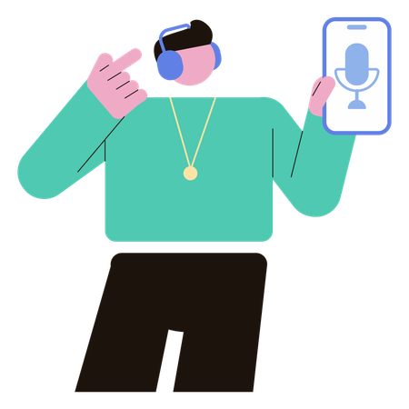 Homem usa aplicativo de podcast  Ilustração