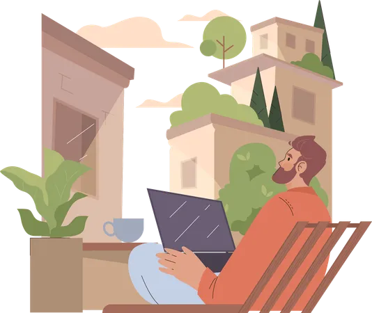 Homem usa energia sustentável em laptop  Ilustração