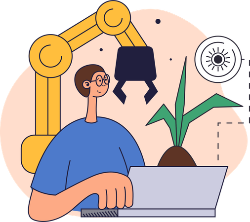 Homem usa guindaste industrial para plantas  Ilustração