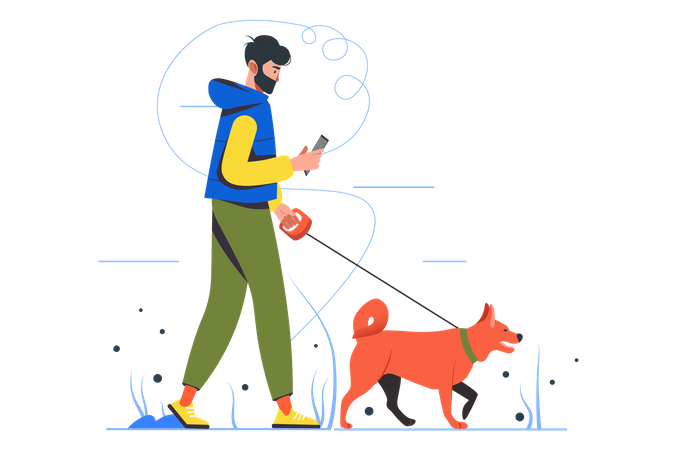 Homem usa celular enquanto caminha com cachorro  Ilustração