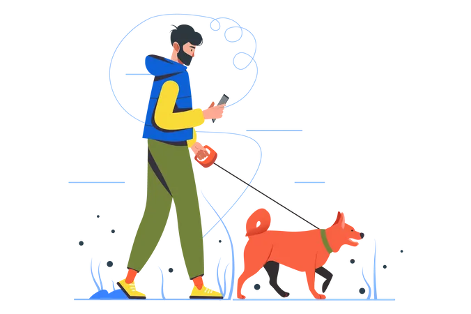 Homem usa celular enquanto caminha com cachorro  Ilustração