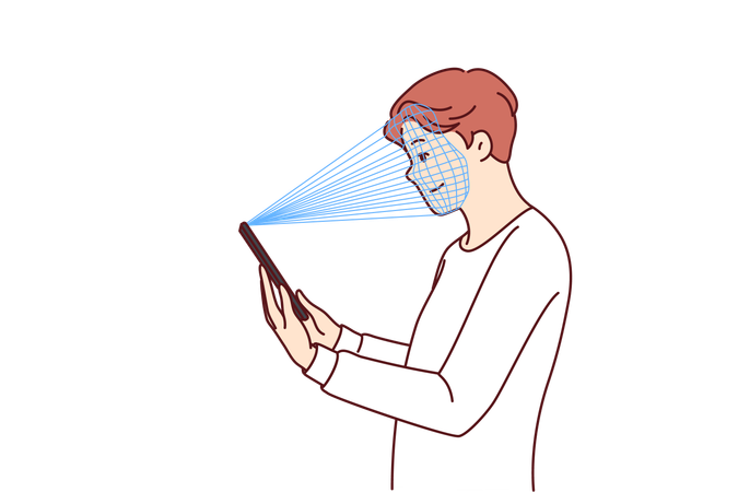 Homem usa sistema de reconhecimento facial ao fazer login na conta  Ilustração