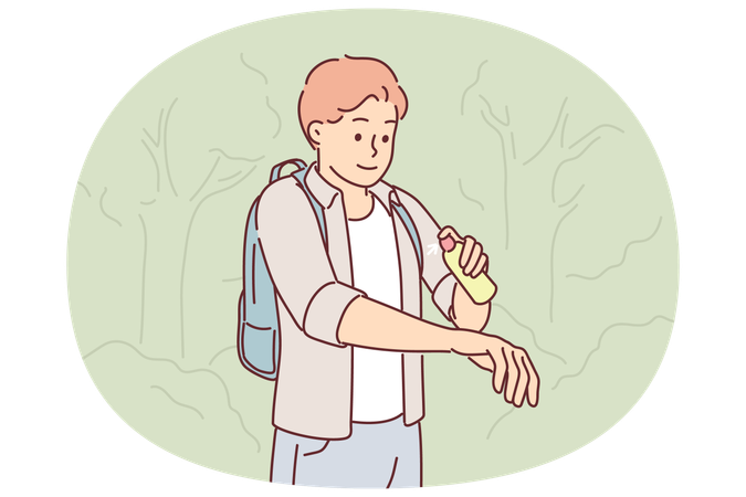 Homem usa spray anti-mosquito enquanto caminha na floresta ou parque natural no verão  Ilustração