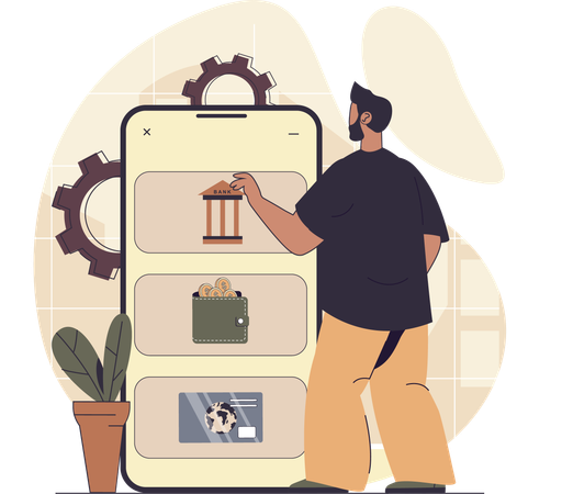 Homem usando aplicativo bancário online  Ilustração