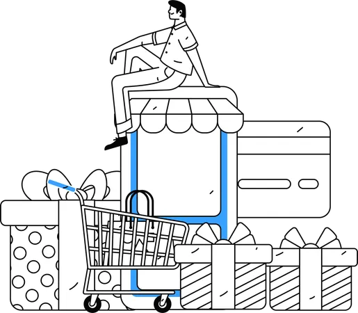 Homem usando aplicativo móvel para fazer compras  Ilustração