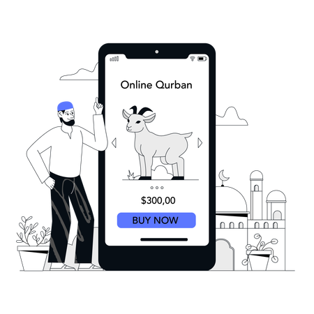 Homem usando o aplicativo qurban on-line em seu Smartphone  Ilustração