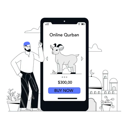 Homem usando o aplicativo qurban on-line em seu Smartphone  Ilustração