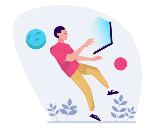 Homem usando aplicativo AR no laptop  Ilustração