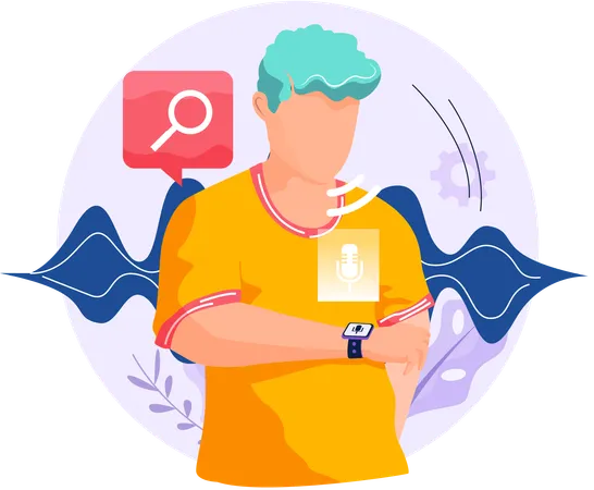 Masculino usando assistente de voz em smartwatch  Ilustração