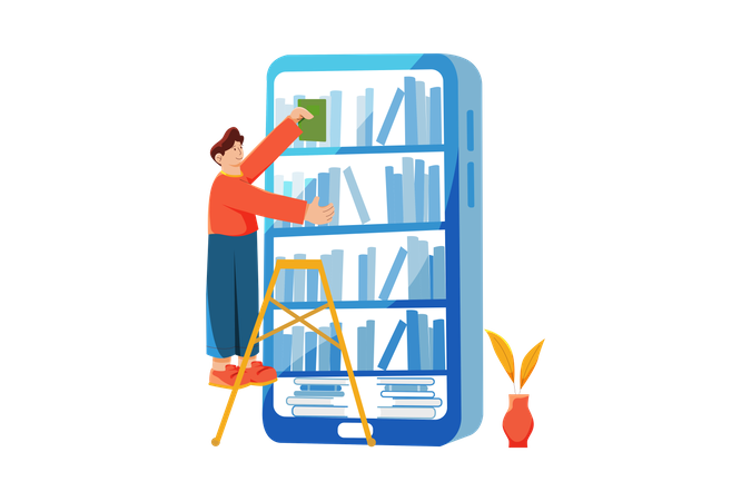 Homem usando biblioteca de livros on-line  Ilustração