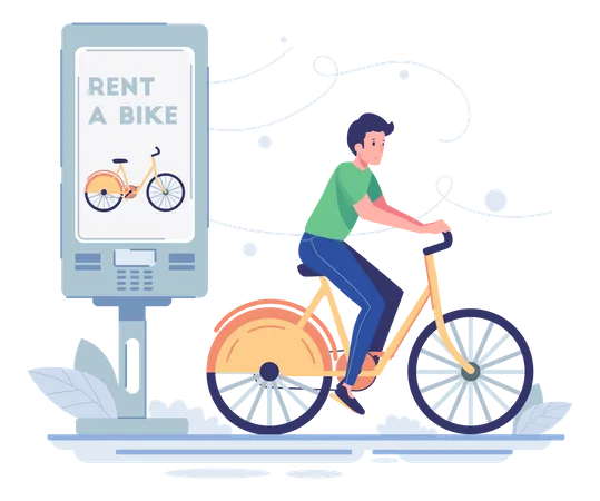 Homem usando bicicleta no serviço de aluguel  Ilustração