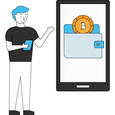 Homem usando carteira Bitcoin on-line  Ilustração
