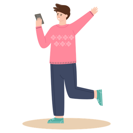 Homem usando celular no inverno  Ilustração