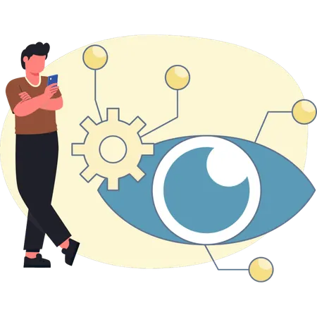 Homem usando celular olhando olho de IA  Ilustração