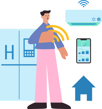 Homem usando controles de automação residencial inteligente  Ilustração