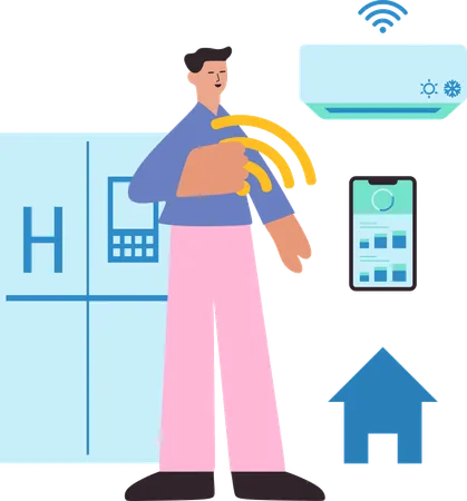 Homem usando controles de automação residencial inteligente  Ilustração