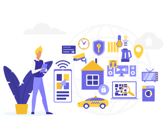 Homem usando dispositivos domésticos inteligentes  Ilustração