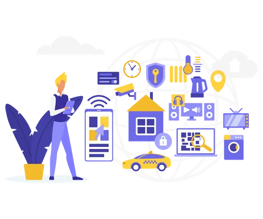 Homem usando dispositivos domésticos inteligentes  Ilustração