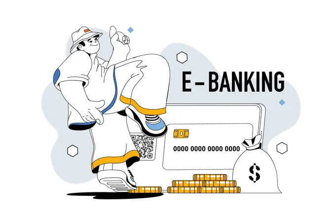 Homem usando facilidade de e-banking  Ilustração