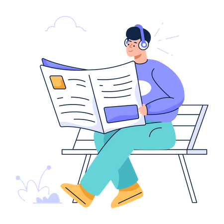 Homem usando fone de ouvido enquanto lê jornal  Illustration
