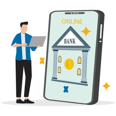 Homem usando interface de banco on-line  Ilustração