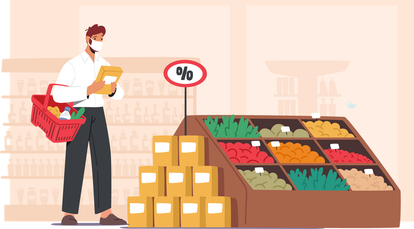 Homem usando máscara e comprando legumes  Ilustração