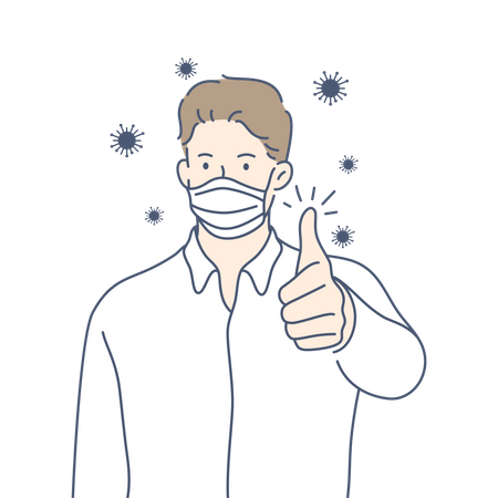 Homem usando máscara facial e mostrando os polegares para cima  Ilustração