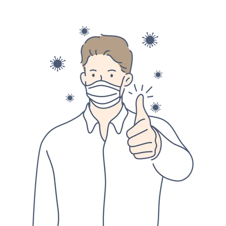 Homem usando máscara facial e mostrando os polegares para cima  Ilustração