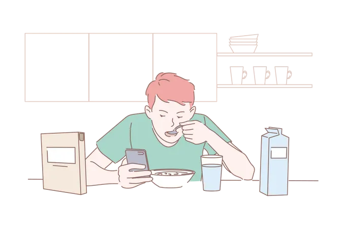 Homem usando celular enquanto come comida  Ilustração