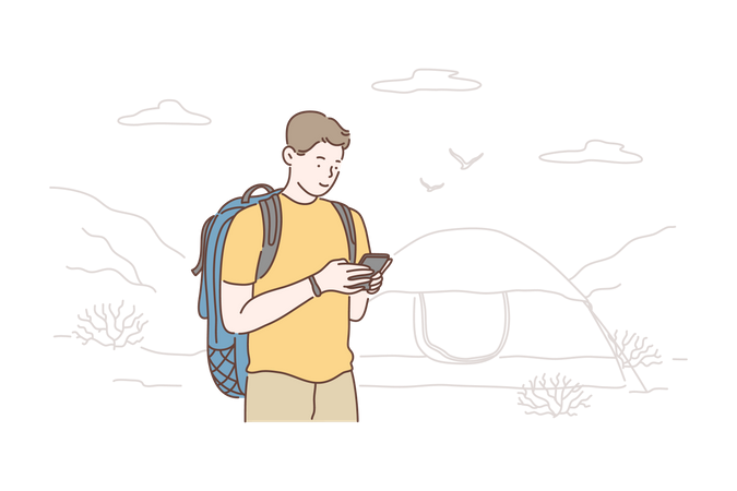 Homem usando celular no camping  Ilustração