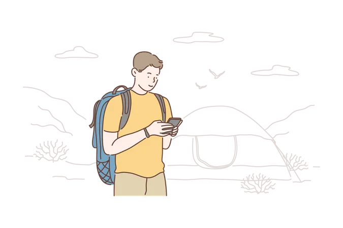 Homem usando celular no camping  Ilustração