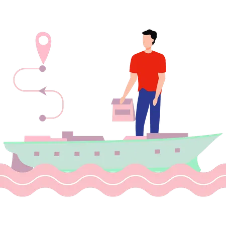 Homem usando navio de carga para entregar pacotes  Ilustração