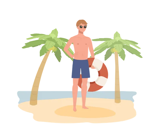 Tema De Ferias Na Praia De Verao Um Homem Usando Oculos Escuros Em Traje De Banho Segurando O Anel De Natacao Anel De Vida Na Praia Ilustracao Vetorial Plana Ilustração