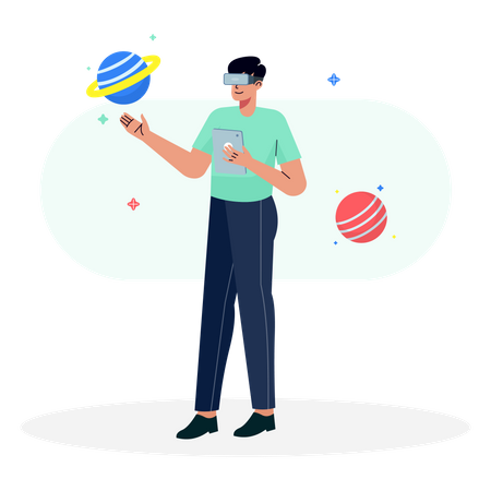 Homem usando óculos VR e aproveitando o Espaço Virtual  Ilustração