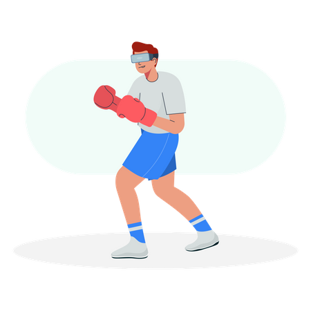 Homem usando óculos VR e jogando boxe  Ilustração
