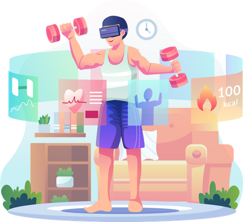 Homem usando óculos VR fazendo exercícios em casa  Ilustração