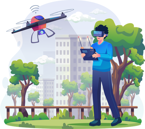 Homem usando óculos VR pilotando um drone ao ar livre  Ilustração