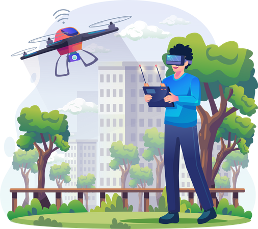 Homem usando óculos VR pilotando um drone ao ar livre  Ilustração