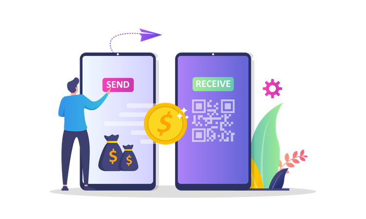 Homem usando Qrcode para transferir dinheiro  Ilustração