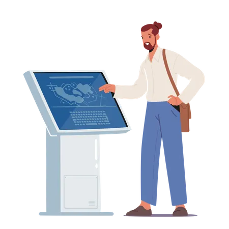 Homem usando quiosque lendo informações em tela digital com planta de área  Ilustração
